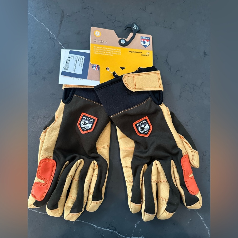 Hestra Black and Tan Outdoor Gloves with Orange Accents